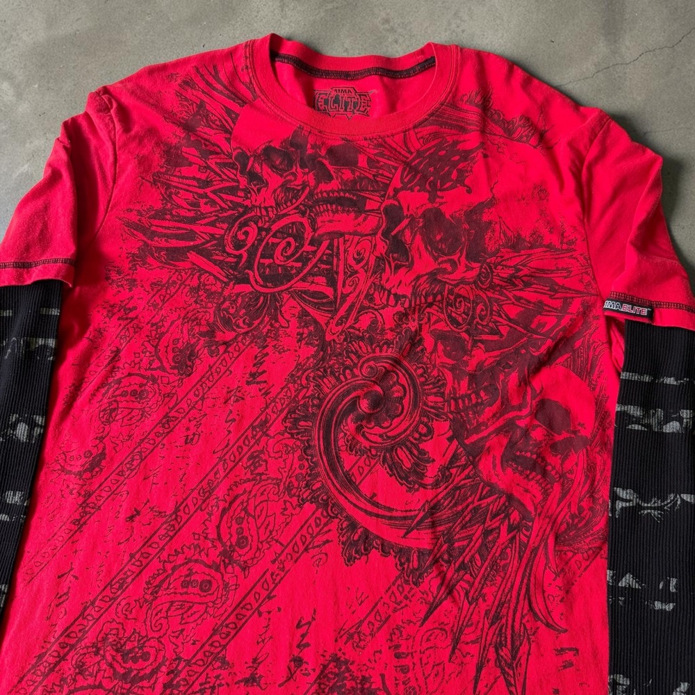 MMA Elite Mens 2XL Red Skulls Graphic Layered Long Sleeve Thermal Shirt Y2K